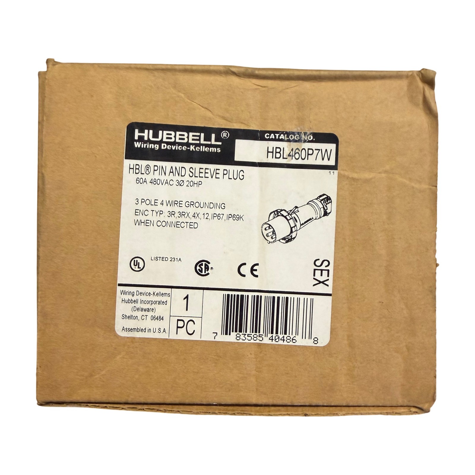 Hubbell HBL460P7W 60A 480V 3-Pole 4-Wire Pin and Sleeve Plug IP67