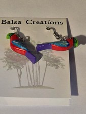 Balsa Creations Dangle Earrings Wood Hand Painted Parrot Bird Animal Lightweight