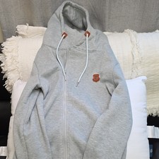 Gray Full Zip Fleece Hoodie Women's Size S with Logo and Drawstring Hood