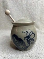 Glazed Pottery Wisconsin Honey Pot With Wooden Spoon Vintage Columbus Wi