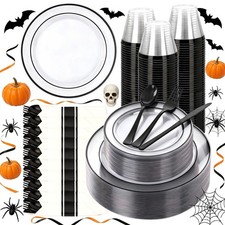 I00000 350 Pcs Black Plastic Plates Set, Clear Disposable Plates for Party