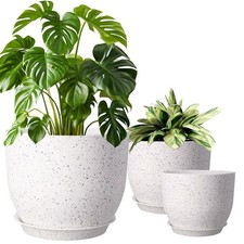 3 Pack Plastic Planters 10/9/8 inch White Speckled Drainage Trays Indoor Outdoor