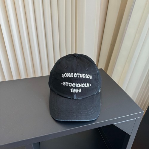 Acne Studios Black Distressed Cap Stockholm 1996 Print Adjustable Baseball Hat