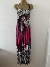 Kick"ss Maxi Halter Neck Dress Pink, Black & White Floral Print Sequins S/M 8/10