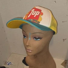 7UP Hat Cap Snap Back Yellow White 70s Logo Mesh Trucker peter max style