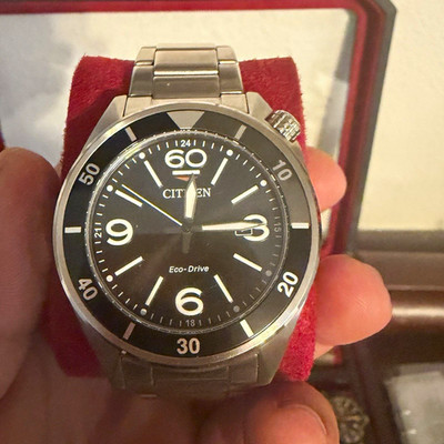 Citizen Eco-Drive Sea Plane Watch Black Dial Date Silver Stainless Bracelet
