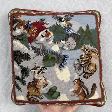 Vtg Snowman Wool Needlepoint Throw Pillow 13" Woodland Animals Winter Squirrel