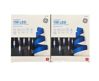 2x GE StayBright 150 Icicle Light String Holiday Christmas Blue LED White Wire