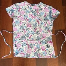 Zikit Scrub Top Women's XS Breast Cancer Pink Blue Ribbon Heart Medical Shirt