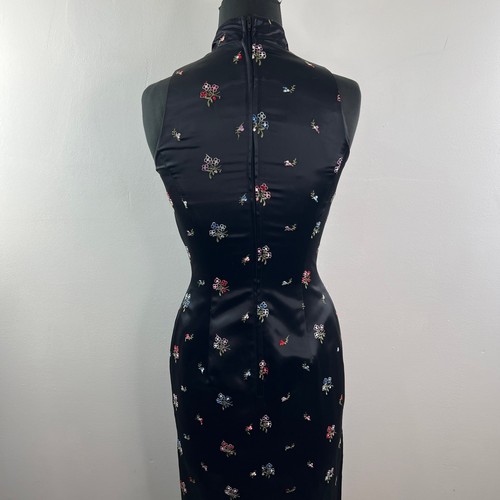 VINTAGE Jessica McClintock Black Dress Floral Asian Oriental Stand Collar Slit - Picture 6 of 8