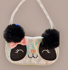 Claire's Club Cat Sequin Faux Fur Small Top Handle Zip Handbag w/ Bow