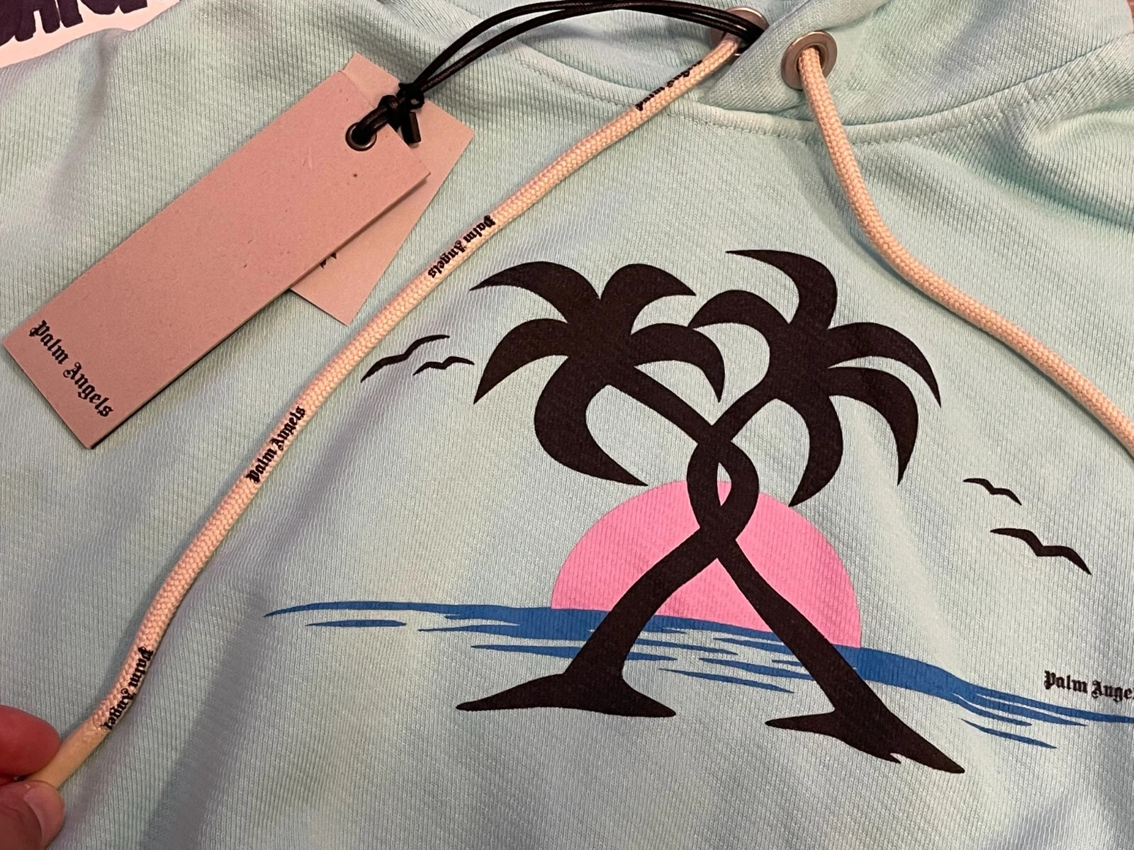 Felpa con cappuccio tagliata Palm Angels Hugging Palme S Seafoam nuova con etichette autentica £490 prezzo di ricambio