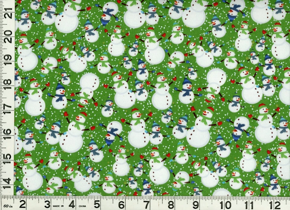 MDG Happy Snowmen in Snow Storm Green Christmas Quilting Sewing Fabric by Yard #3059