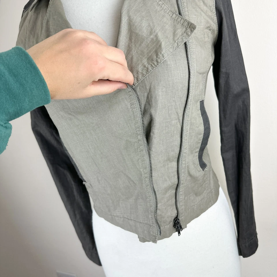 NWT Eileen Fisher Women's XXS 100% Coated Organic Linen Gray & Beige Moto Jacket - Image 4 of 4