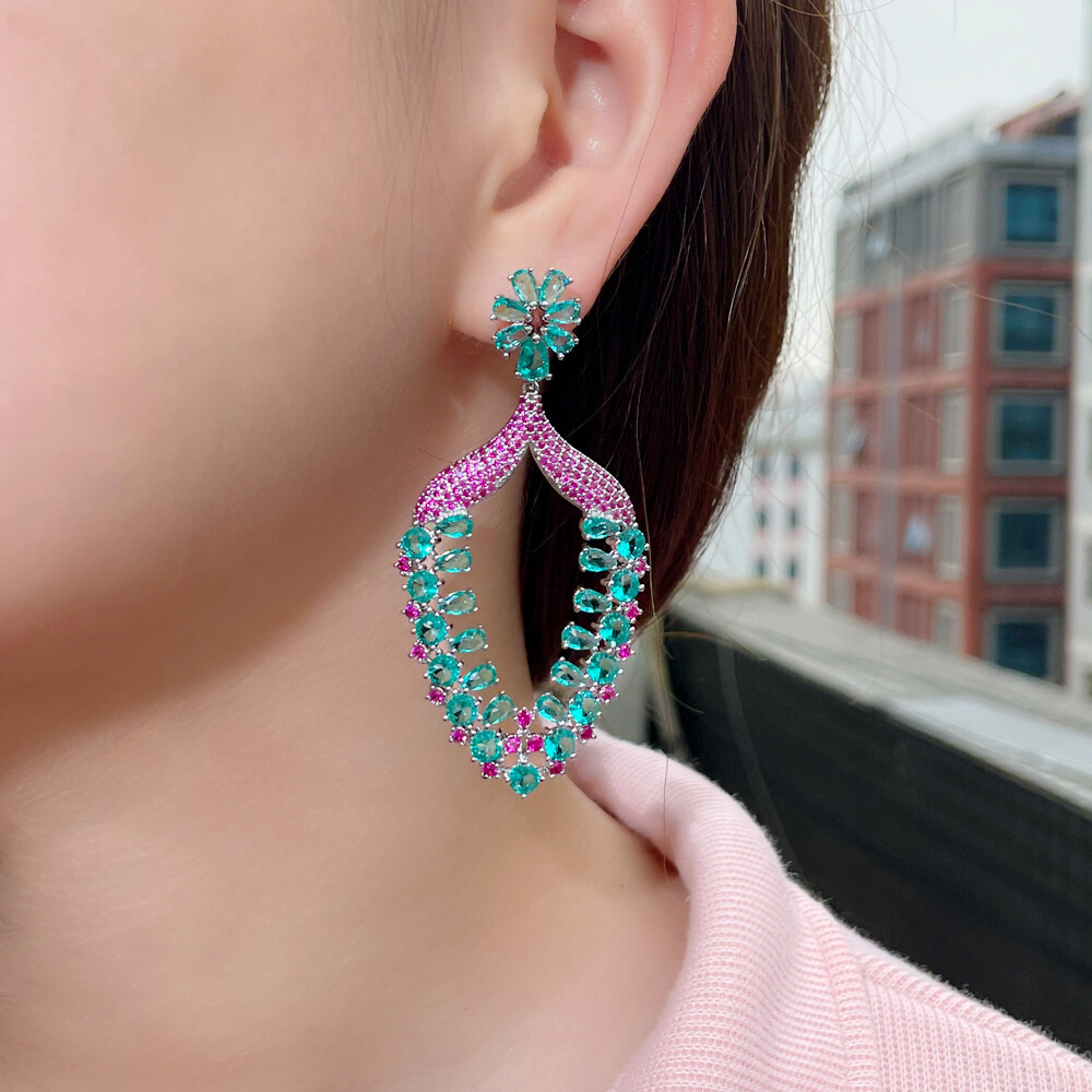 Women Big Statement Earrings Long Drop Dangle Zircon Party Silver Plated Jewelry