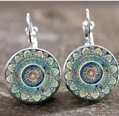NEW Teal Blue Green Mandala Cabochon Glass Silver Lever-back Earrings