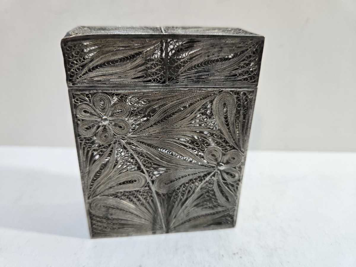 silver filigree cigarette case Antique 900 Silver Filigree HANDMADE Cigarette Case 3