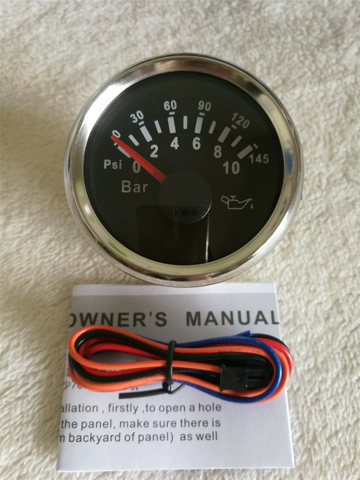 52mm Oil Pressure Gauge 10~184 ohms Black 0-145psi for Car Truck Motorcycle Boat - Image 2 of 4