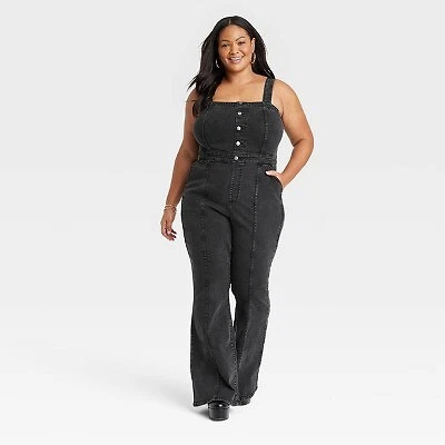 Plus size black denim deals overalls