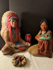 Byron Molds 1974 Indian Chief Peace Pipe Headress 12” Ceramic w/Women Baby MINT!