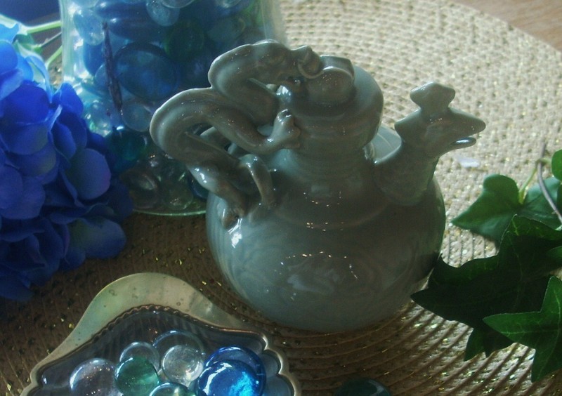 Vintage Chinese Porcelain Celadon Dragon and Phoenix Incense Pot 5.5"x 5.5"