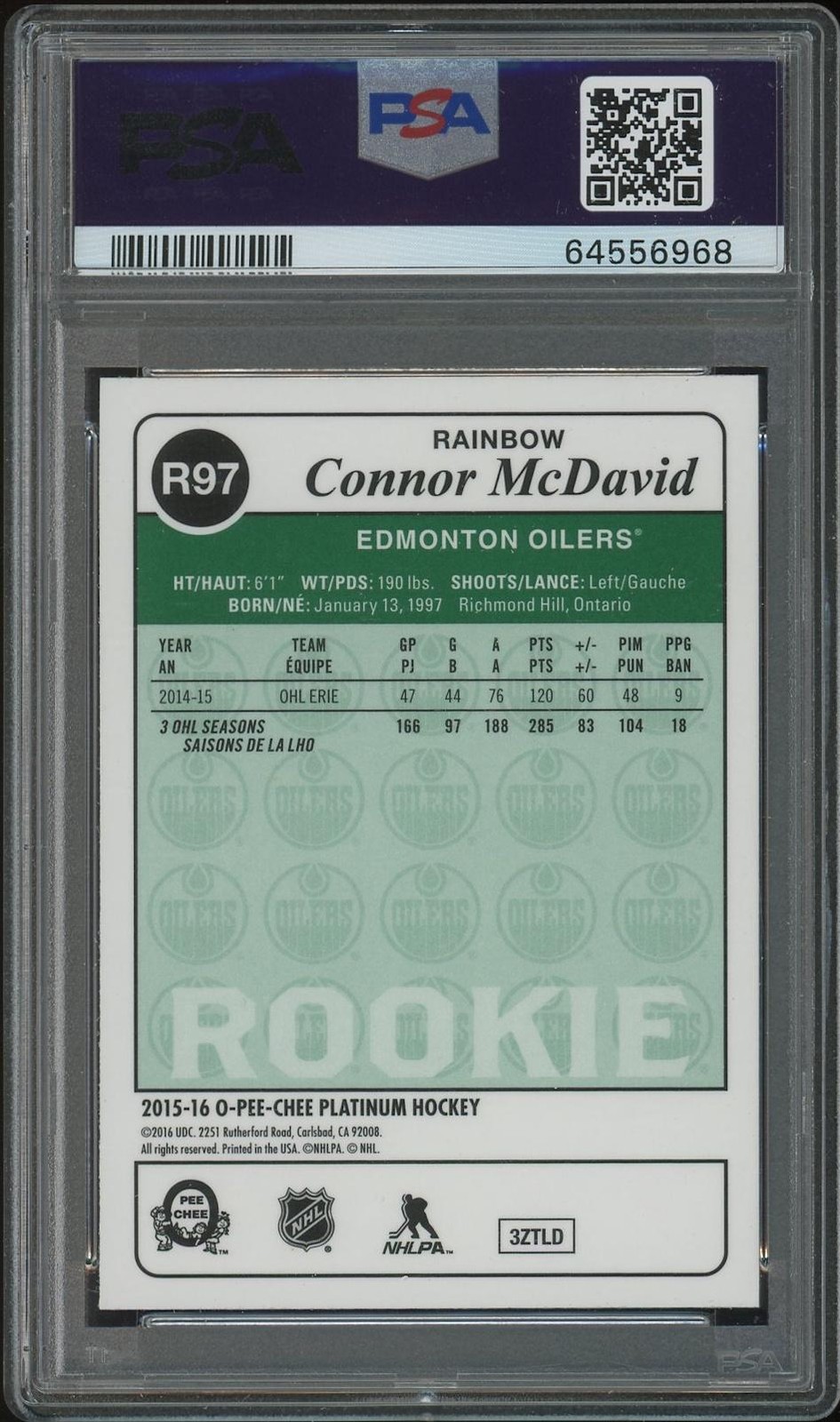 2015/16 O-Pee-Chee Platinum Connor McDavid Retro Rainbow Rookie PSA 9 (MINT) view 2