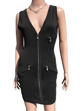 Vtg 90s GIANNI VERSACE Black Dress Sexy Jewel Zip-Up Stretchy V-Neck Bodycon S