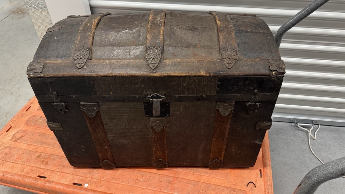 Antique Dome Top Steamer Trunk July 9 1872 Metal & Wood W