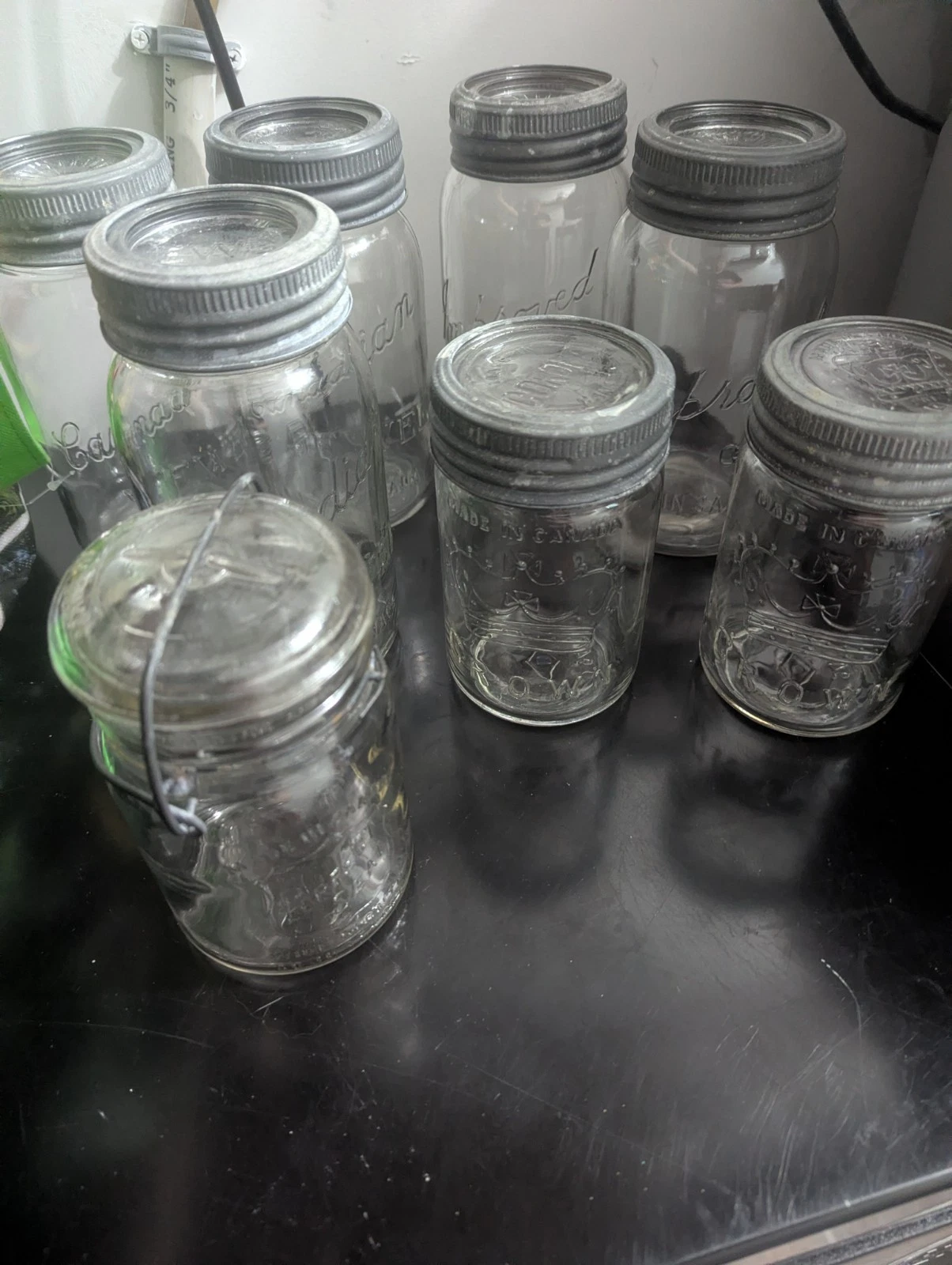 Set Of 8 Antique Glass Mason Canning Jars With Lids And Bands