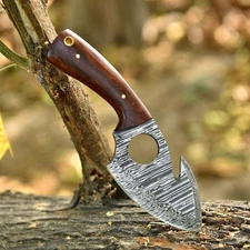Handmade Damascus Steel Gut-Hook Blade Skinner Knife Full Tang With Belt Sheath