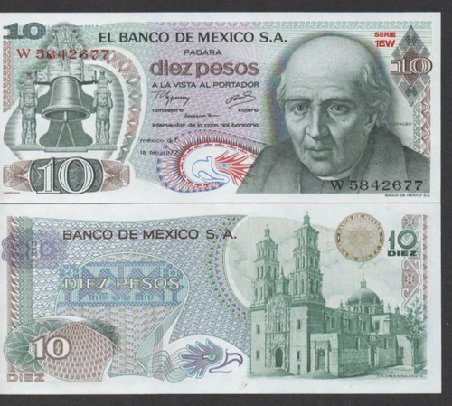 Mexico  10  Pesos  18.2.1977  Series  1EW  Prefix W  Uncirculated Banknote HJ M