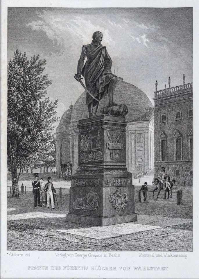 Berlin Statue Fürst Blücher Orig. Stahlstich aus Spiker 1833 Passepartout