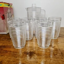 Vintage 7pc Ribbed Plastic Pitcher & Tumbler Set Sheer Clear Drinkware