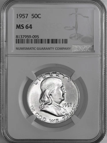 1957-P  50C FRANKLIN SILVER HALF DOLLAR  "PHILADELPHIA"  NGC MS64  #8137959-095