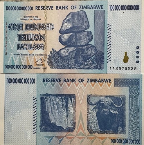 100% ORIGINAL SIMBABWE 100 TRILLION DOLLARS 2008 AA SERIE P91 UNC UV BESTANDEN COA