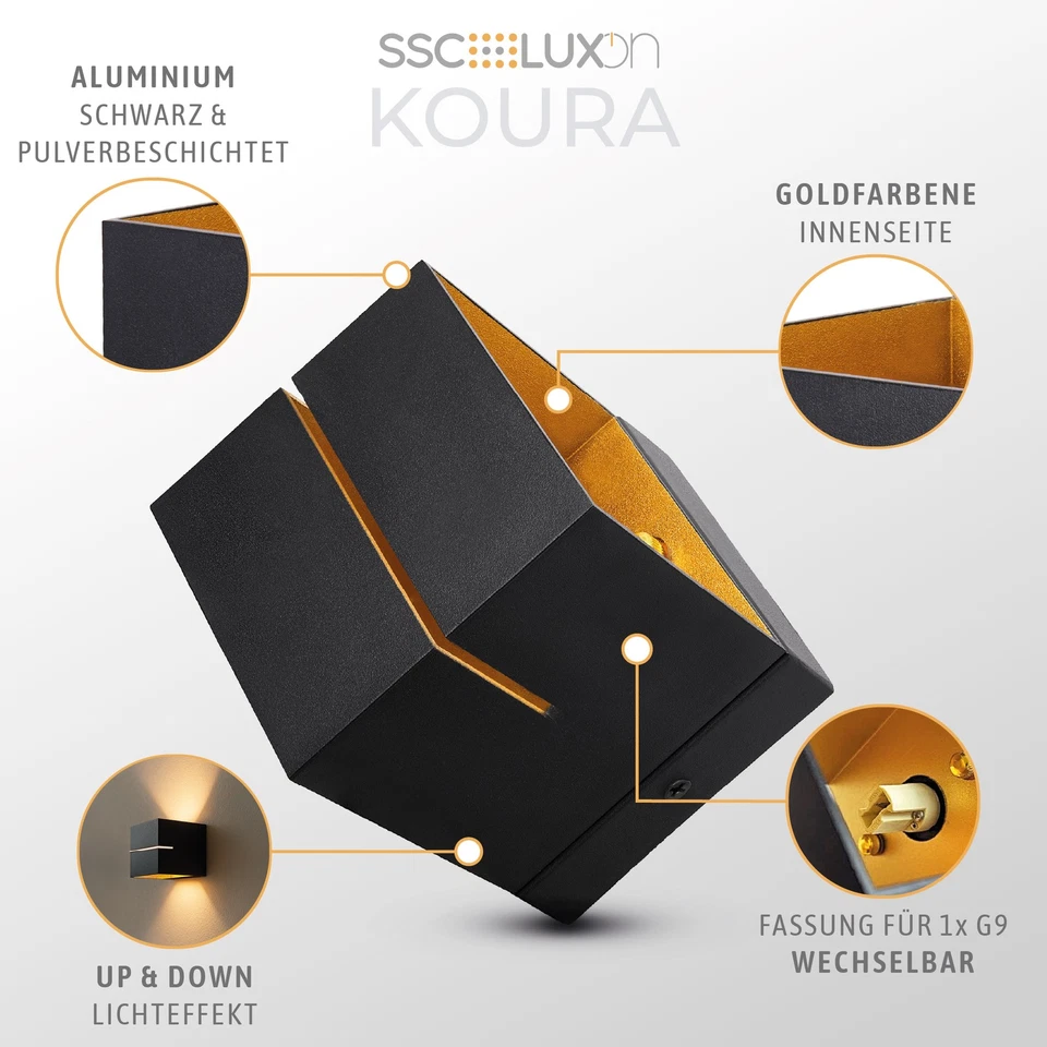 2 Stück KOURA Wandleuchte Innen schwarz gold Up & Down Wandlicht Fassung für G9 - Bild 3 von 4