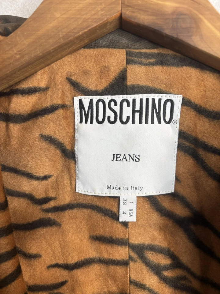 Moschino Jeans Coat Womens 4 Tiger Lined Brown Waxed Safari Trench Jacket Italy - Image 3 of 4