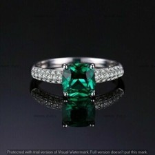 Real 925 Sterling Silver 2 Ct Cushion Lab-Created Green Emerald Engagement Ring
