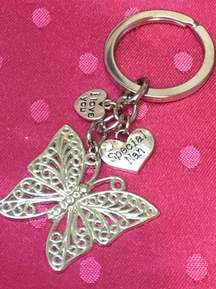 LIZZIELINKS Nan Butterfly Heart Keyring Gift Bag Charm + Organza Gift Bag handmade FREE P&P