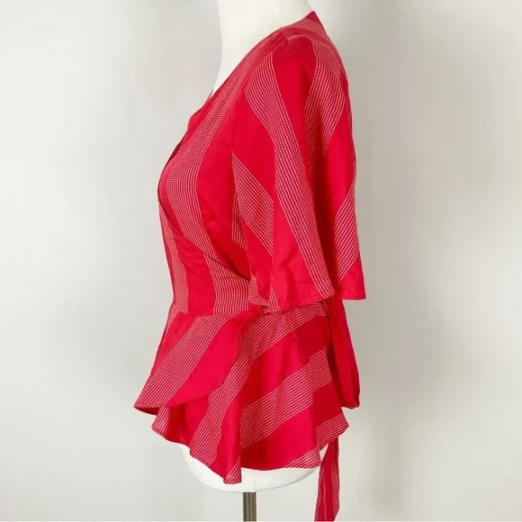 Ann Taylor LOFT Blouse Top Medium Womens Red Wrap Vneck Belted Short