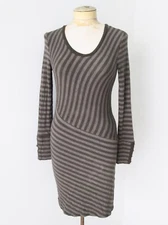 Three Dots brown asymmetrical stripe soft knit bodycon dress button cuffs M