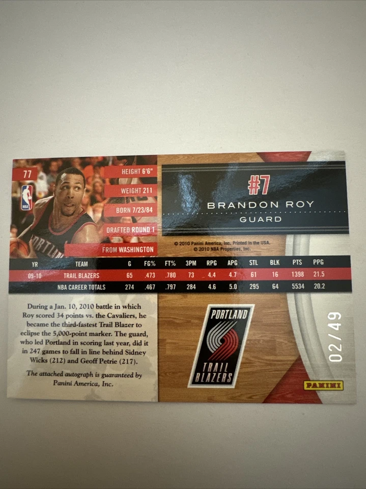 Panini Limited 2009-10 Brandon Roy Auto # 2/49 - Image 2 of 2