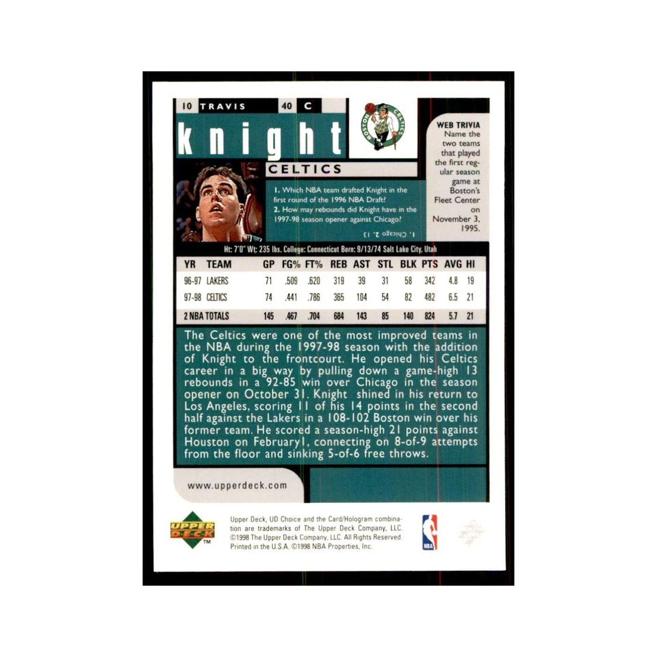 1998 UD Choice Travis Knight Basketball Cards #10 - Image 2 of 3
