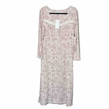 Long Sleeve Floral Nightgown Pink Tan Lace Trim Button Neck Size S New