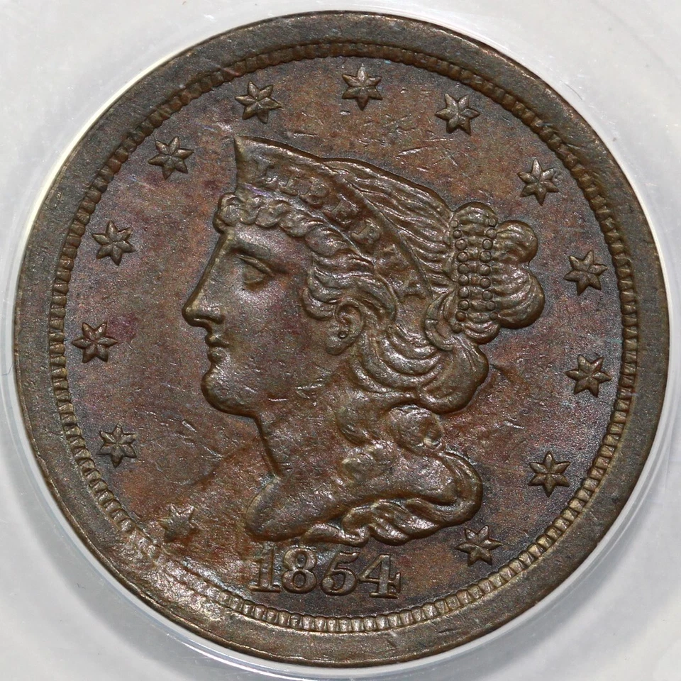 1854 1/2c Braided Hair Half Cent ANACS AU 55 Details Struck Through Debris - Image 2 of 4