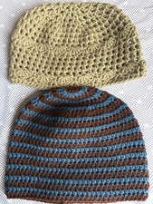 2 HAND CROCHETED UNISEX BEANIE SKULL CAP HATS Blue/brown  taupe