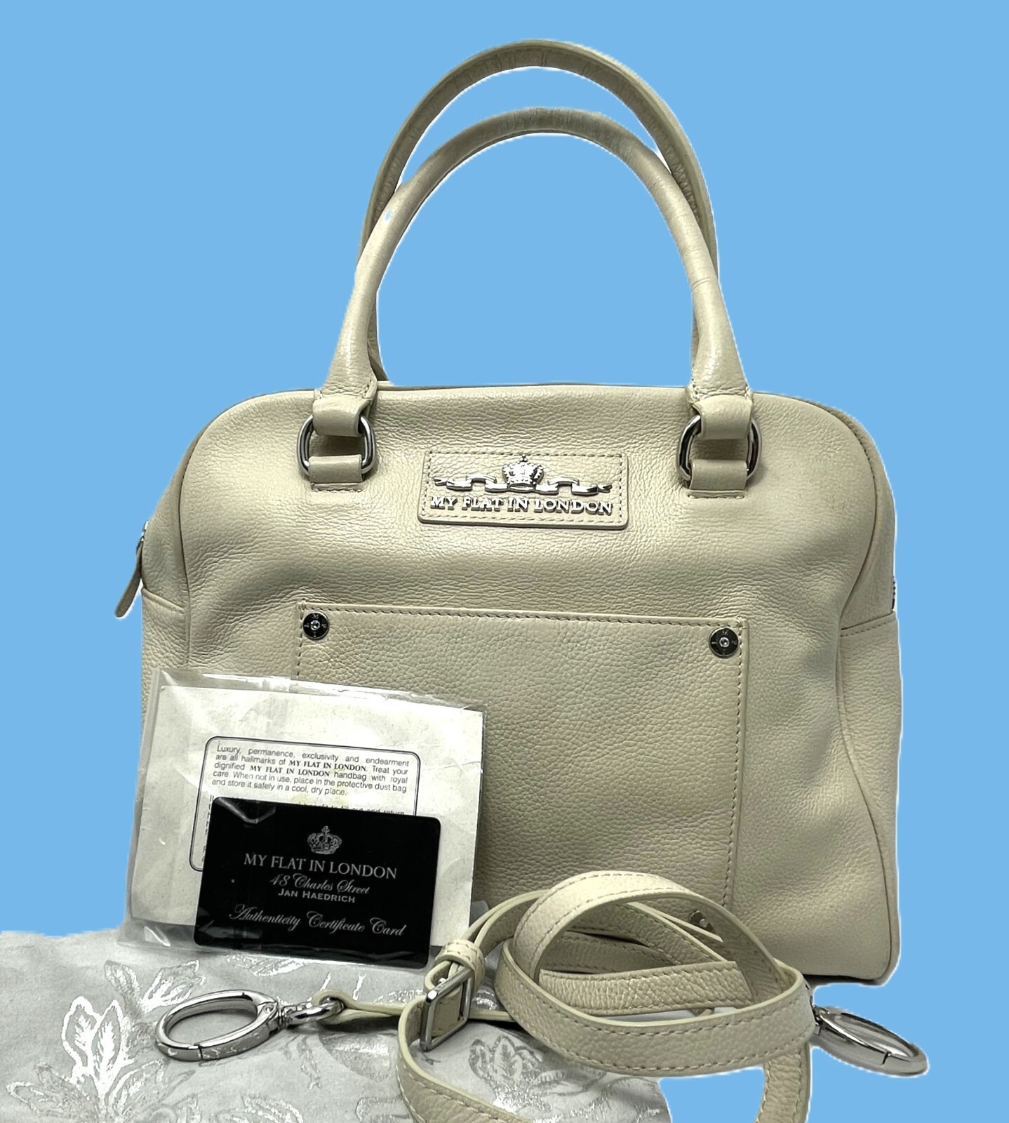 MY FLAT IN LONDON Handbag Satchel MFIL Blue Pebbled Leather Bow *EUC* STRIKING!!