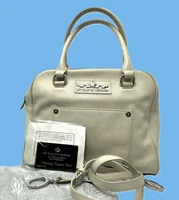 MY FLAT IN LONDON Handbag Satchel MFIL Blue Pebbled Leather Bow *EUC* STRIKING!!