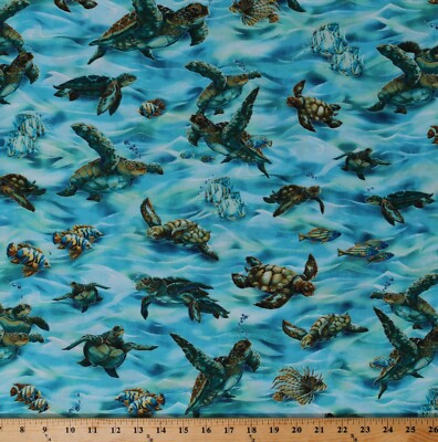 Cotton Sea Turtles Tropical Fish Ocean Life Nature Fabric Print By Yard D501.43