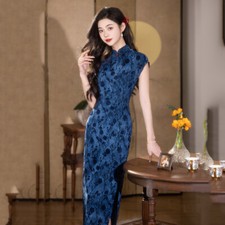 Long Chinese Cheongsam Women Retro Short Sleeve Slim Qipao Dress Floral Print